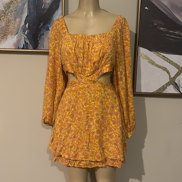 Free People Jael Cutout Mini Dress Golden Yellow Motif Floral Long Sleeve size M - Picture 6 of 11